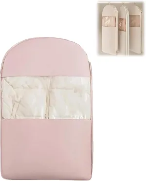 Space Saving Hanging Garment Bag With Self Compression Zipper,Space Saving Hanging Protector For Down Coat,Dustproof Clothes Storage For Down Coats,Transparent Visibility (M,Pink)