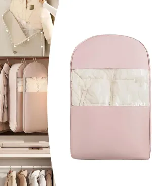 Space Saving Hanging Garment Bag with Self Compression Zipper,Space Saving Hanging Protector,Dust Cover Clothes Bags for Down Coat,Winter Coat Storage (Pink, Small)