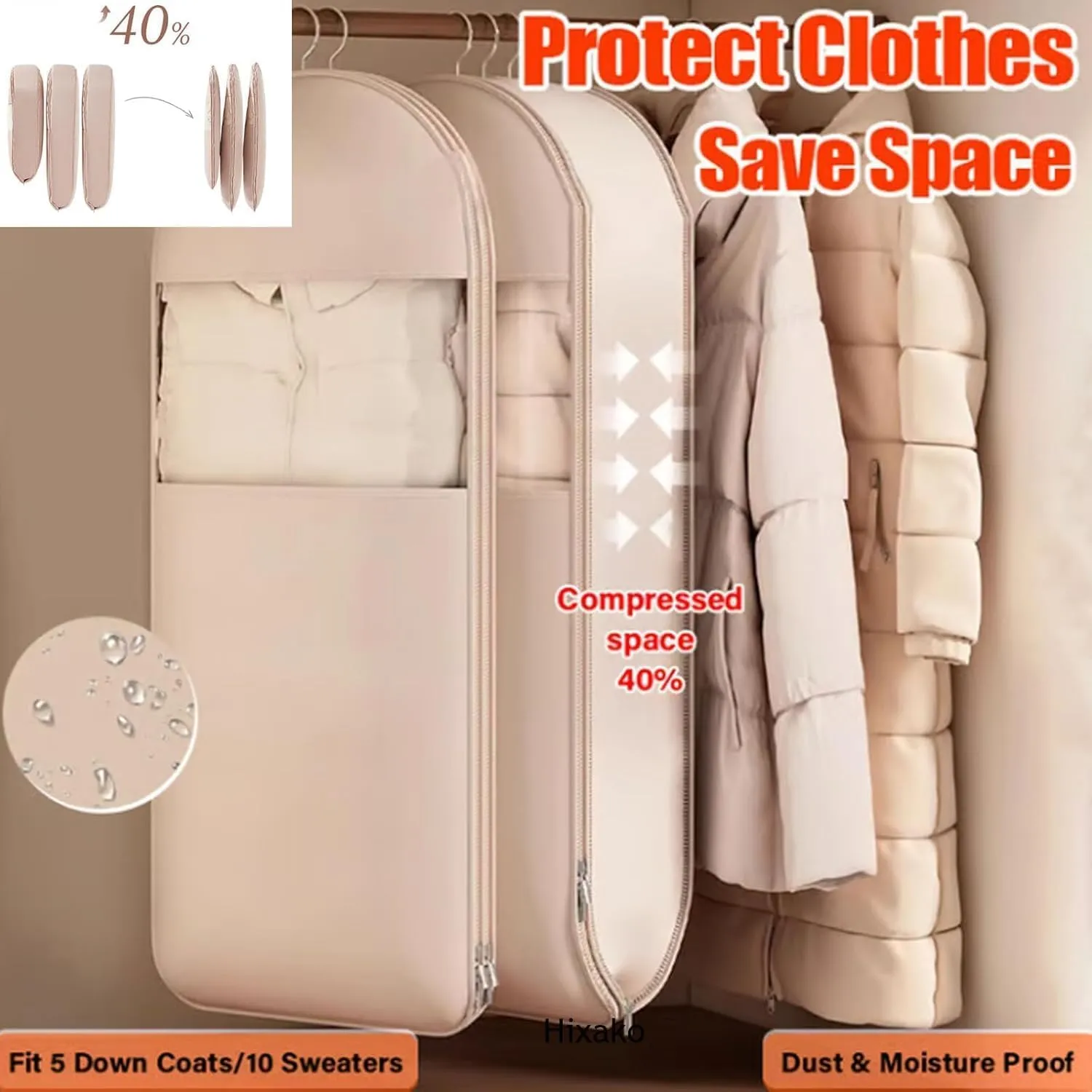 Space Saving Hanging Garment Bag with Self Compression Zipper,Space Saving Hanging Protector,Dust Cover Clothes Bags for Down Coat,Winter Coat Storage (Pink, Small)