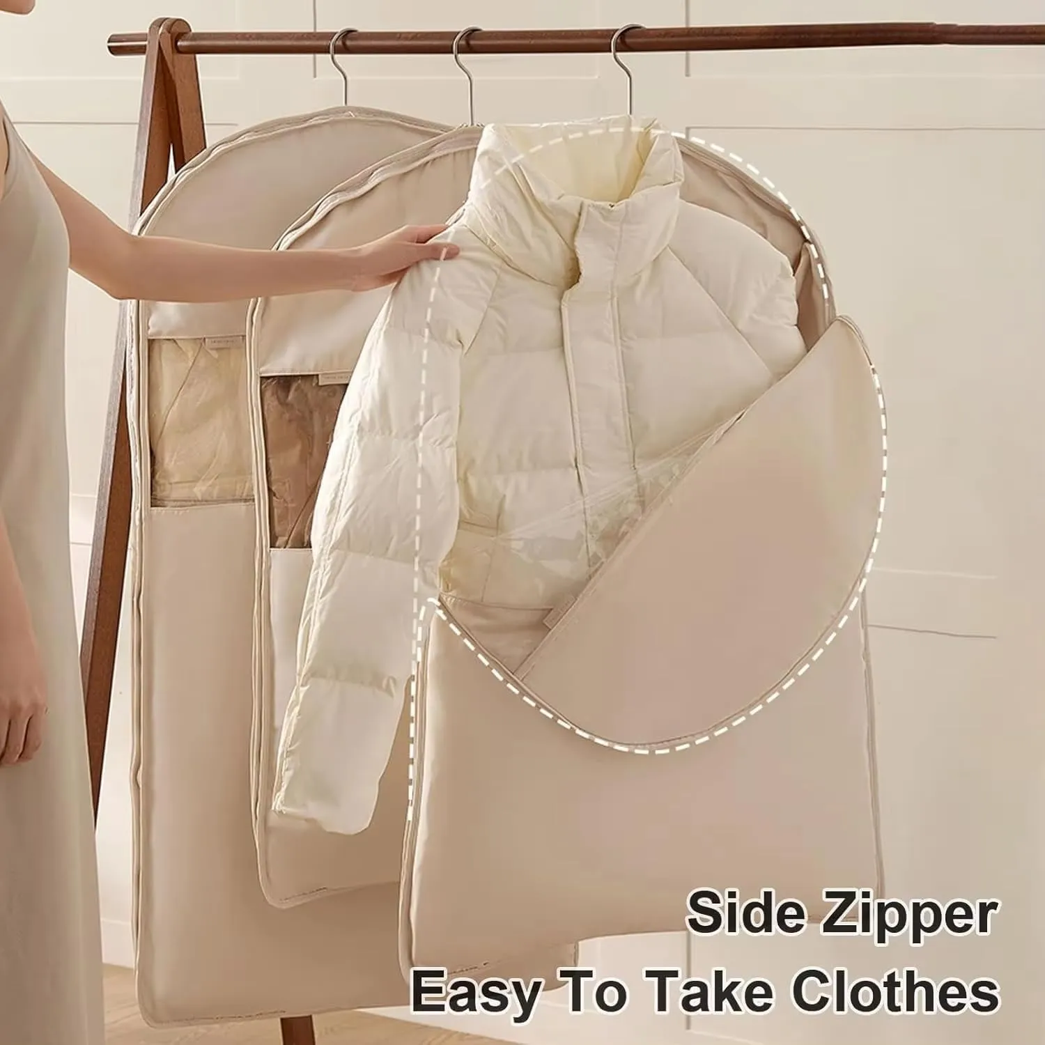 Space Saving Hanging Garment Bag with Self Compression Zipper,Space Saving Hanging Protector,Garment Bags for Hange Clothes Travel,Heavy-Duty Zipper Bag for Down Coats,Jacket,Suit (Beige,L)