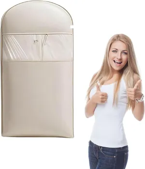 Space Saving Hanging Garment Bag with Self Compression Zipper,Space Saving Hanging Protector,Garment Bags for Hange Clothes Travel,Heavy-Duty Zipper Bag for Down Coats,Jacket,Suit (Beige,L)
