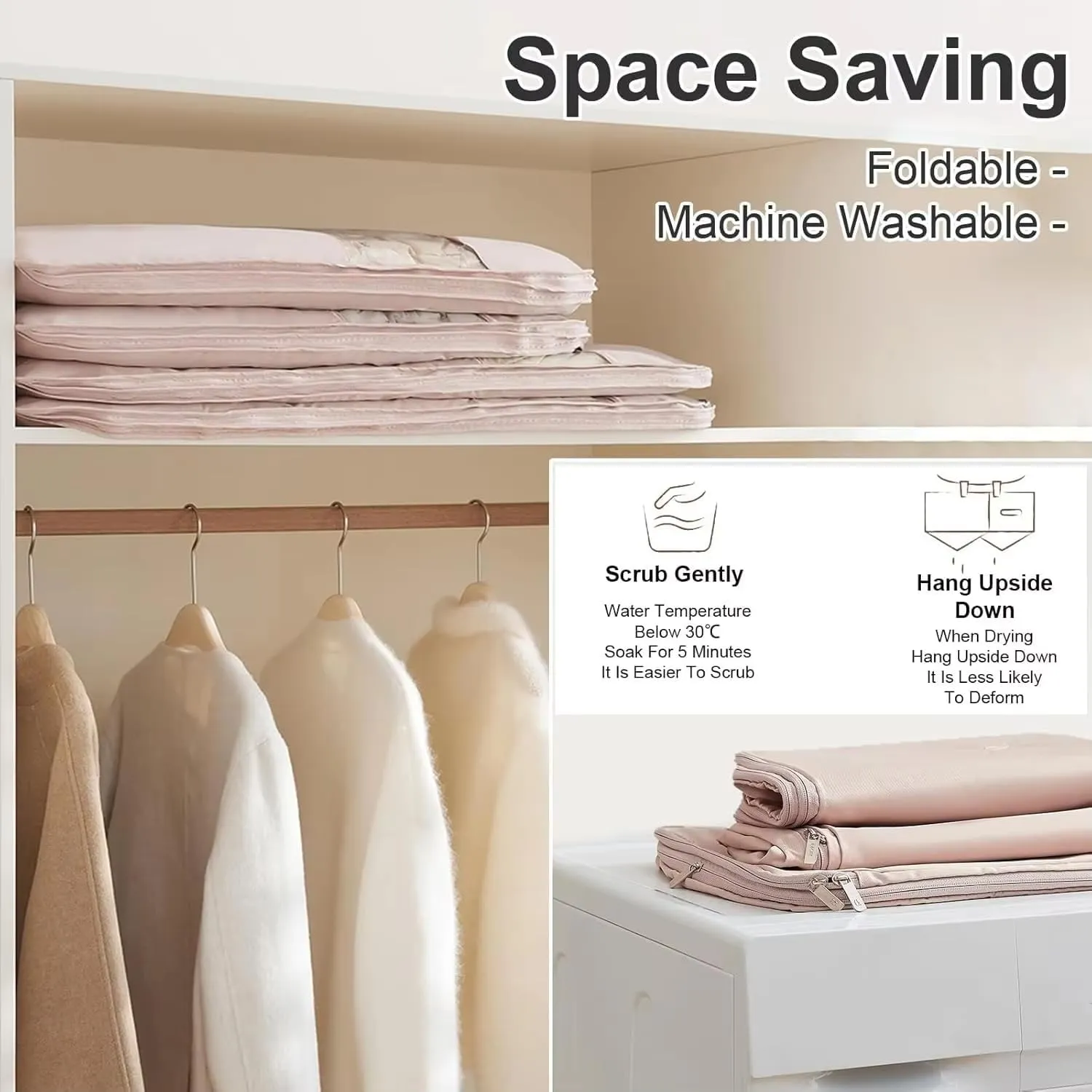 Space Saving Hanging Garment Bag with Self Compression Zipper,Space Saving Hanging Protector,Garment Bags for Hange Clothes Travel,Heavy-Duty Zipper Bag for Down Coats,Jacket,Suit (Pink,L)