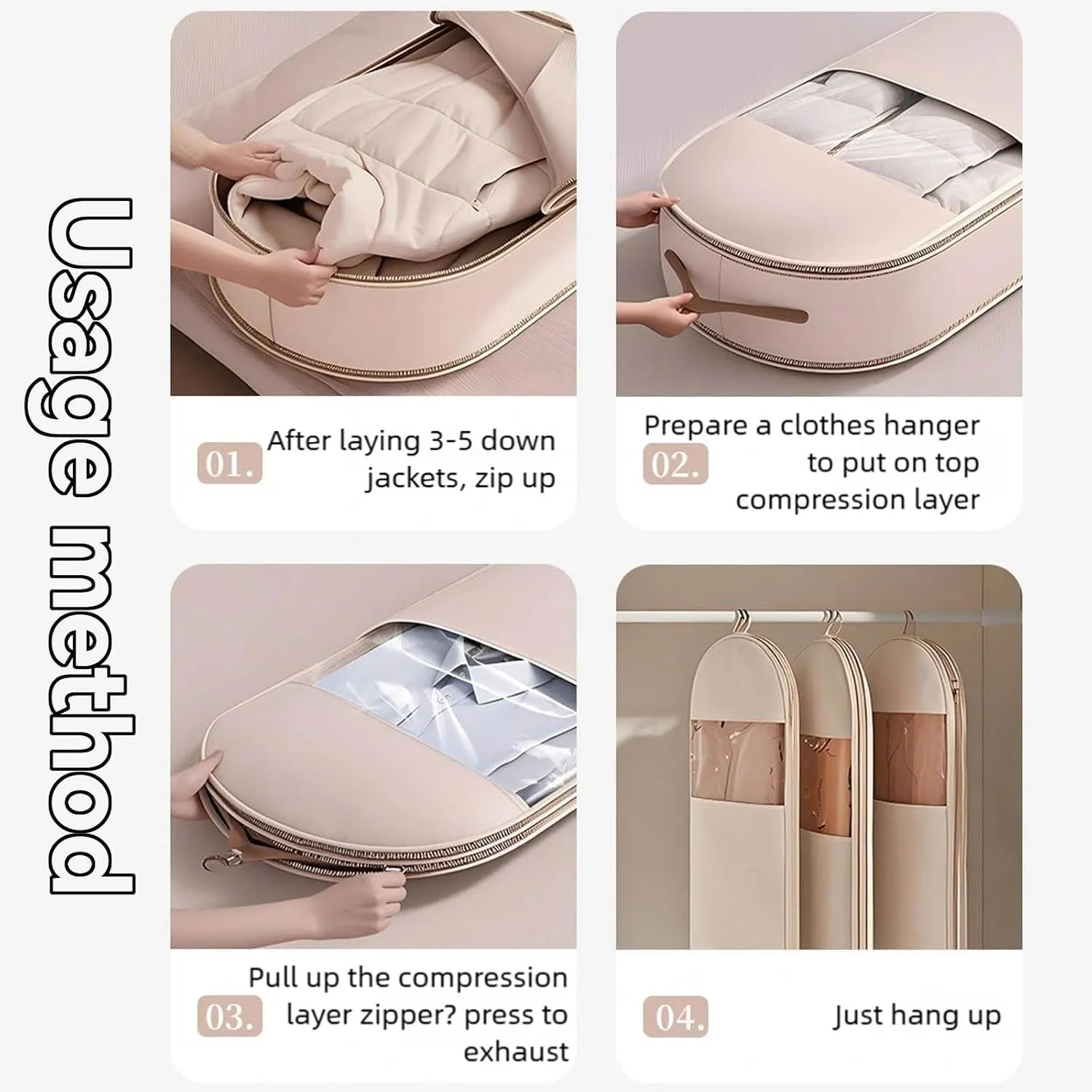Space Saving Hanging Garment Bag with Self Compression ZipperWinter Clothing Down Jacket space-saving Garment BagIdeal for Storing Thick Clothess Garment Bags (Pink, Small)