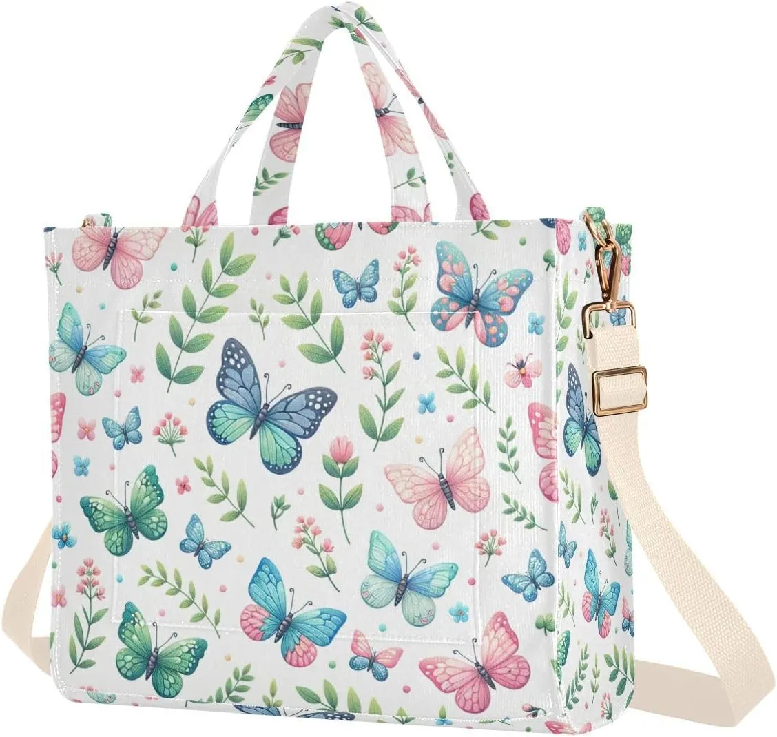 Spring Butterflies Corduroy Tote Bag for Women Hobo Crossbody Bag Purse Stylish Shoulder Handbag Messenger Bags, S