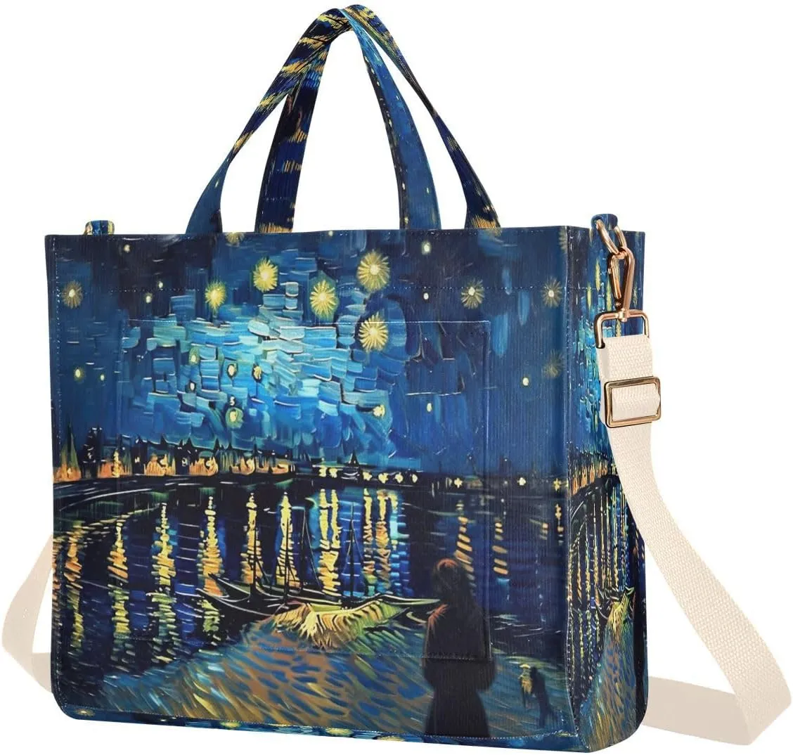 Starry Night Corduroy Tote Bag for Women Hobo Crossbody Bag Purse Stylish Shoulder Handbag Messenger Bags, S