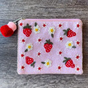Strawberry and Flowers Beaded Pouch