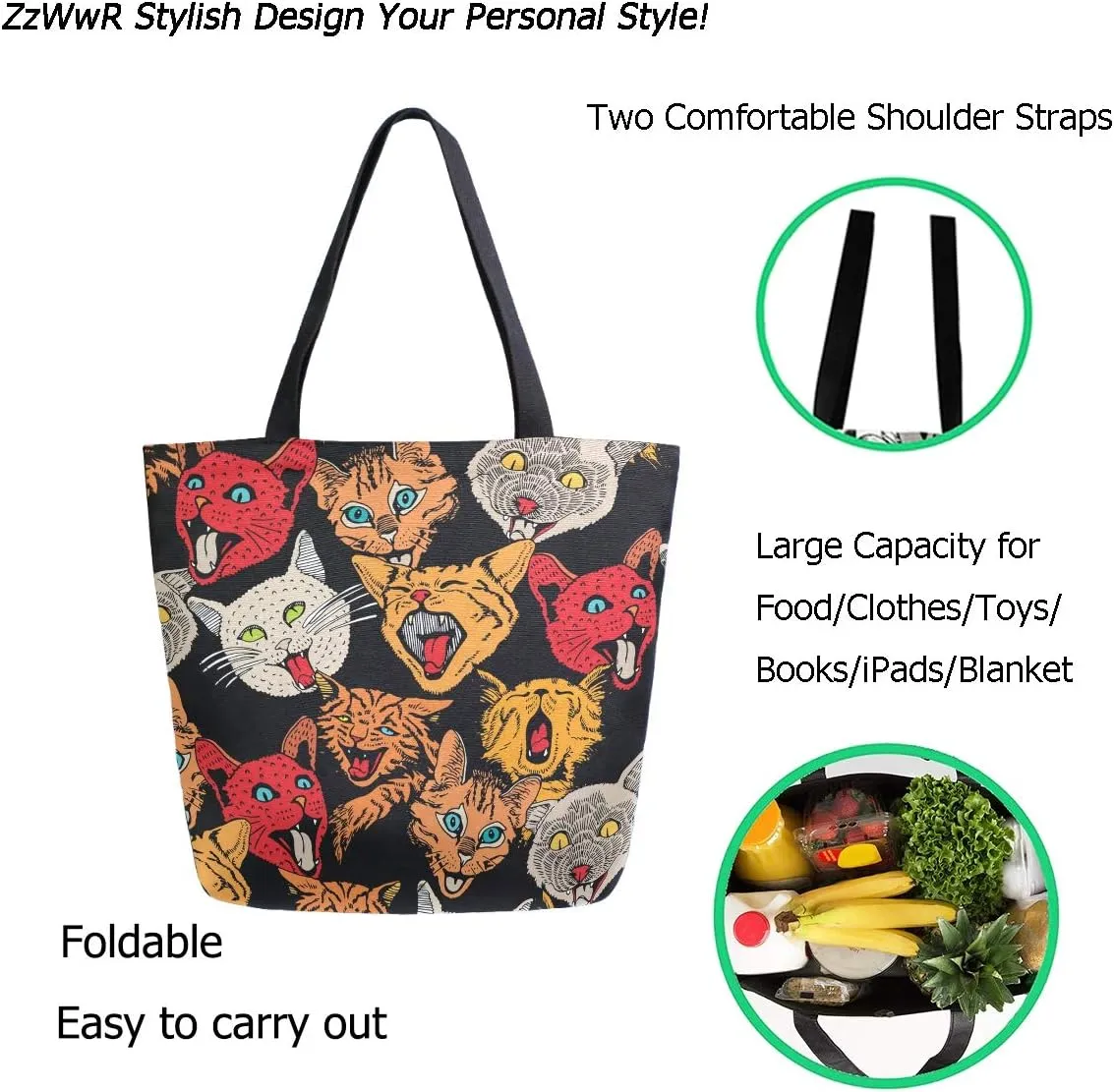 Stylish Funny Pattern Extra Large Shoulder Tote Bag for Beach Travel Weekender Gym Grocery Shopping