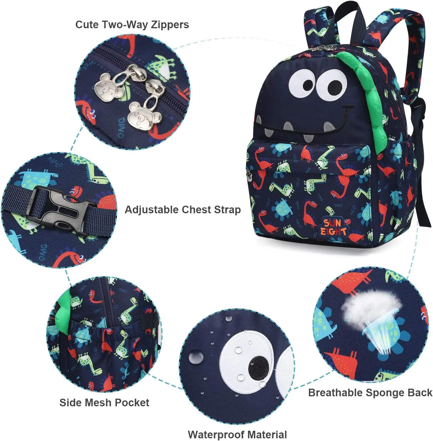 SUN EIGHT Preschool Toddler Kids Backpack Small 3D Cartoon Dinosaur Lunch Daycare School Bookbag Animal Travel Bags for Boy For 2-5 Years oldCute Dinosaur