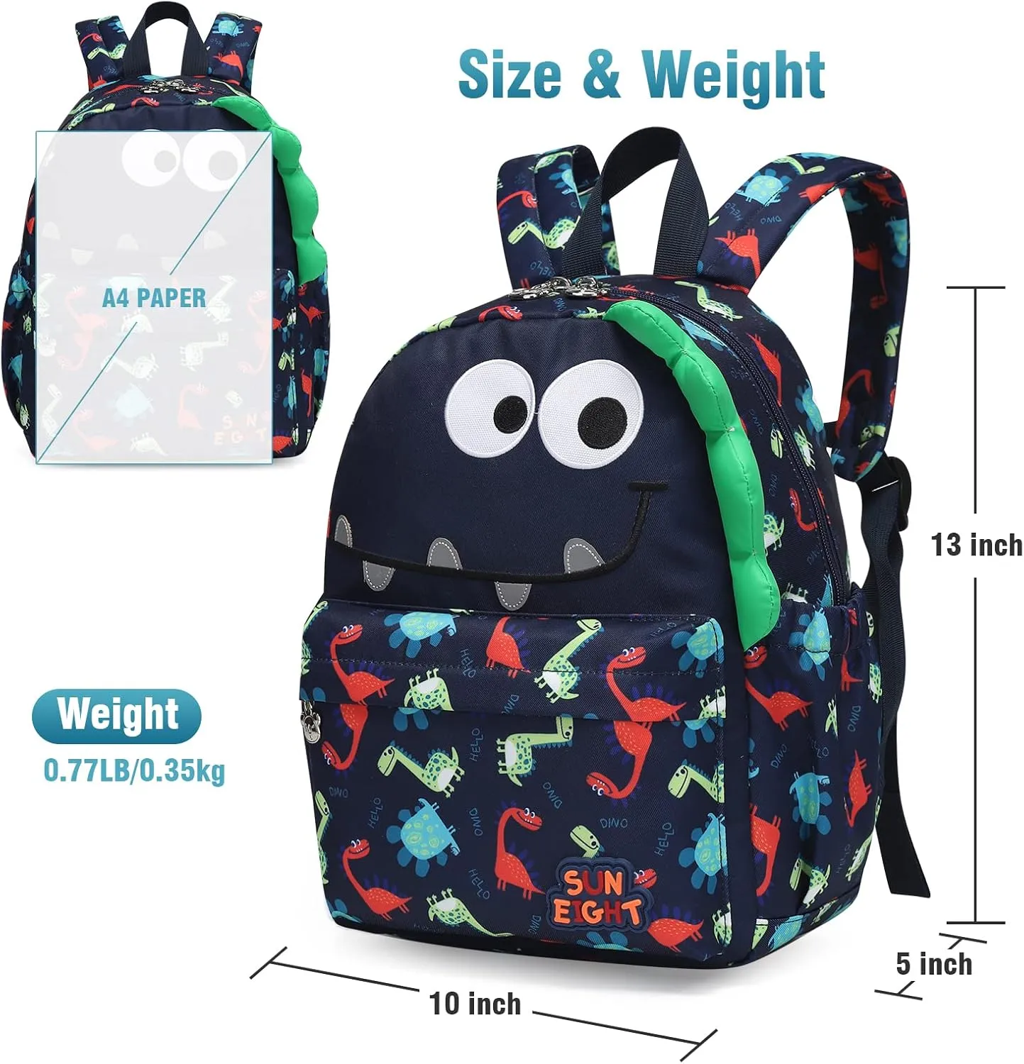 SUN EIGHT Preschool Toddler Kids Backpack Small 3D Cartoon Dinosaur Lunch Daycare School Bookbag Animal Travel Bags for Boy For 2-5 Years oldCute Dinosaur