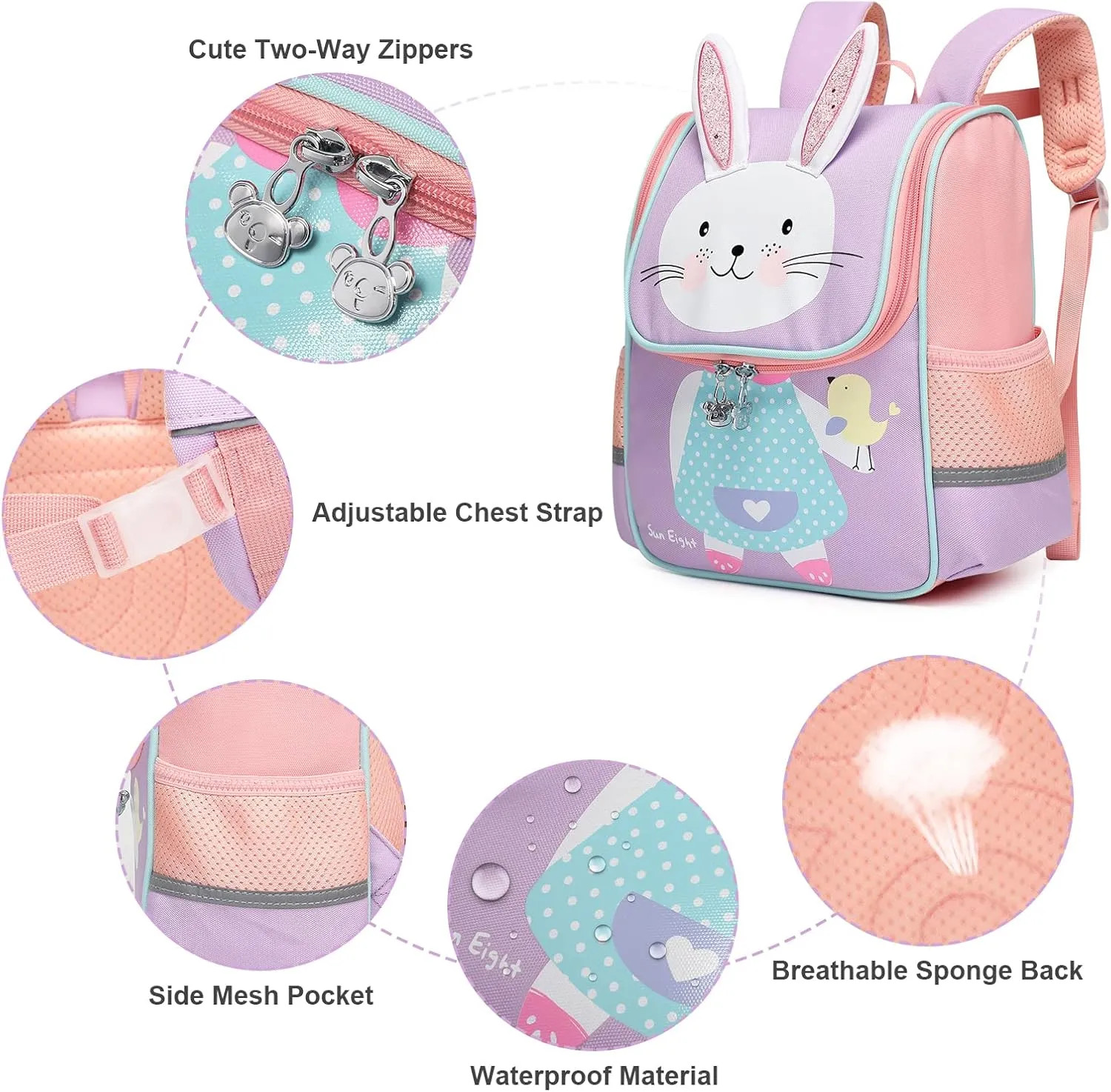 SUN EIGHT Toddler Lightweight Backpack for Girls Cute 3D Animal Waterproof Schoolbag for Baby Girl Boy 2-5 YearsRabbit