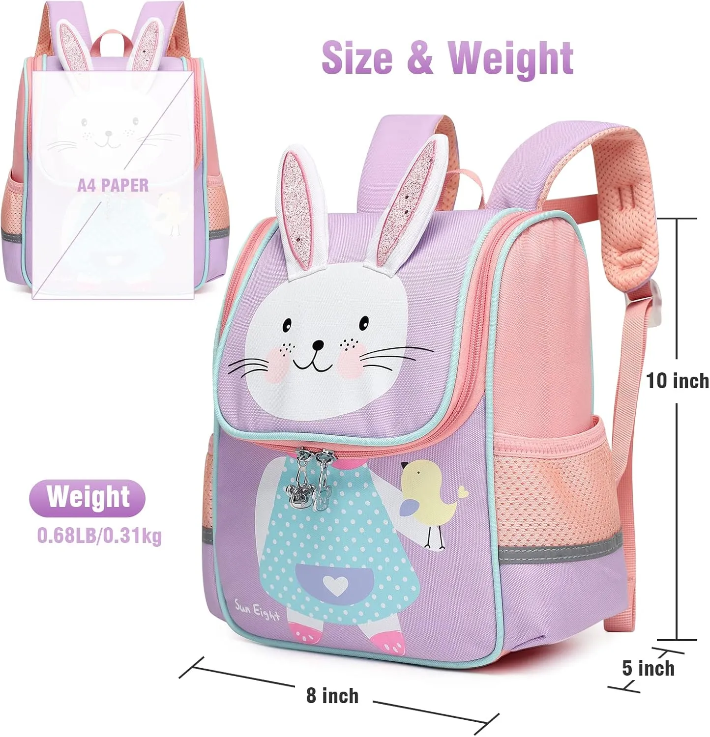 SUN EIGHT Toddler Lightweight Backpack for Girls Cute 3D Animal Waterproof Schoolbag for Baby Girl Boy 2-5 YearsRabbit