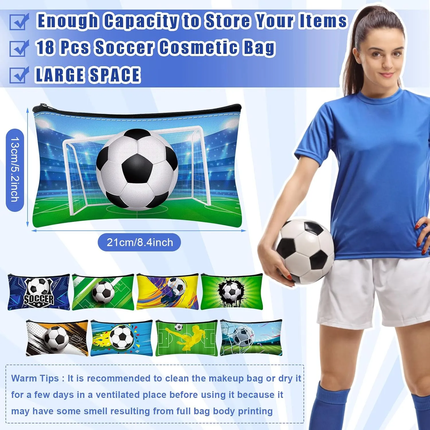 Sweetude 18 Pcs Soccer Gifts Makeup Bag Toiletry Travel Storage Accessories with Zipper Cosmetic Bags Portable Cosmetic Pouch for Soccer Lovers Players Team Fans(Stylish)