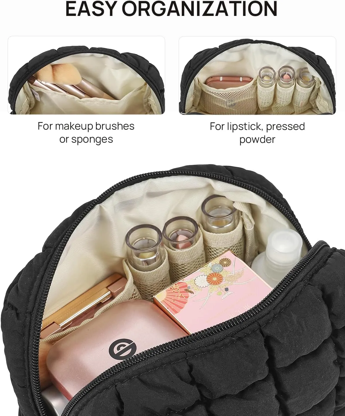 Telena Puffer Makeup Bags for Women, Nylon Puffy Padded Make Up Bags for Women Makeup Organizer Case, Wide-open Makeup Pouch Travel Essentials