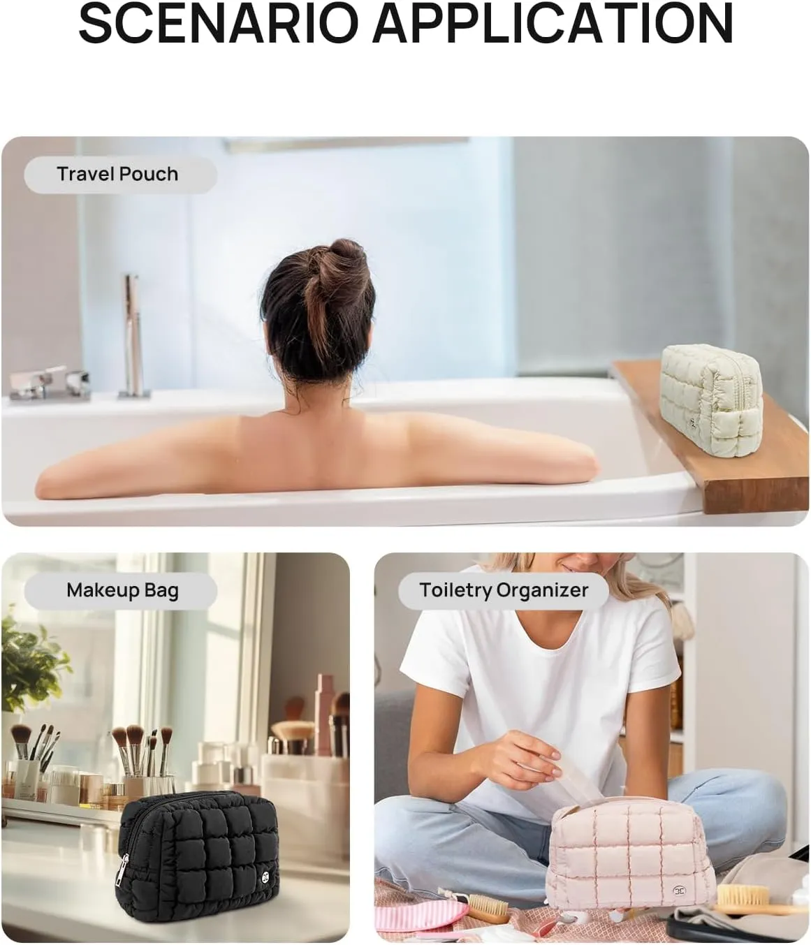 Telena Puffer Makeup Bags for Women, Nylon Puffy Padded Make Up Bags for Women Makeup Organizer Case, Wide-open Makeup Pouch Travel Essentials