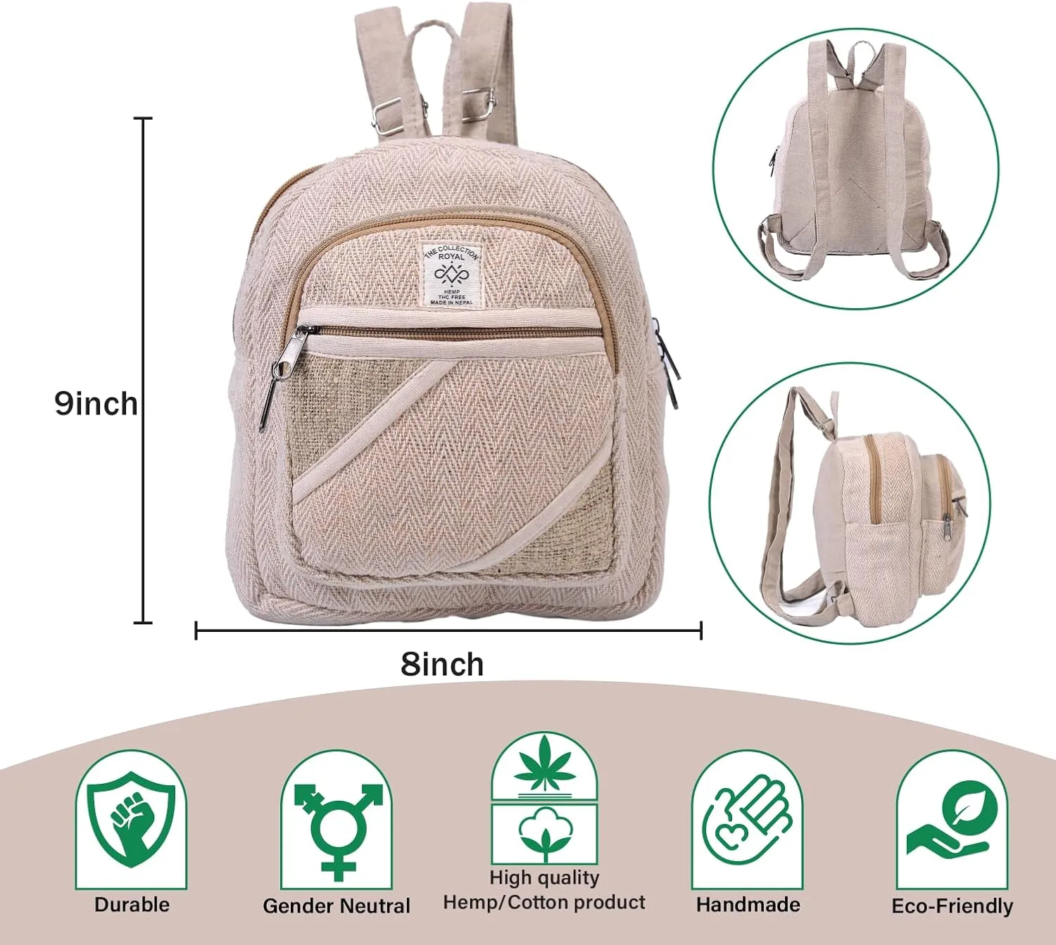 THE COLLECTION ROYAL Himalayan Hemp and Cotton Boho Bohemian Hippie Bag Purse Eco Friendly Mini Daypack Backpack