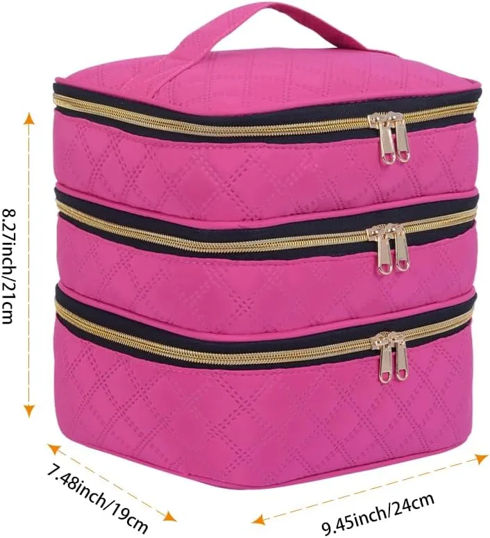 Three Layer Travel Makeup Bag Large Cosmetic Storage Organizer with Handle and Removable Divider (Wine)
