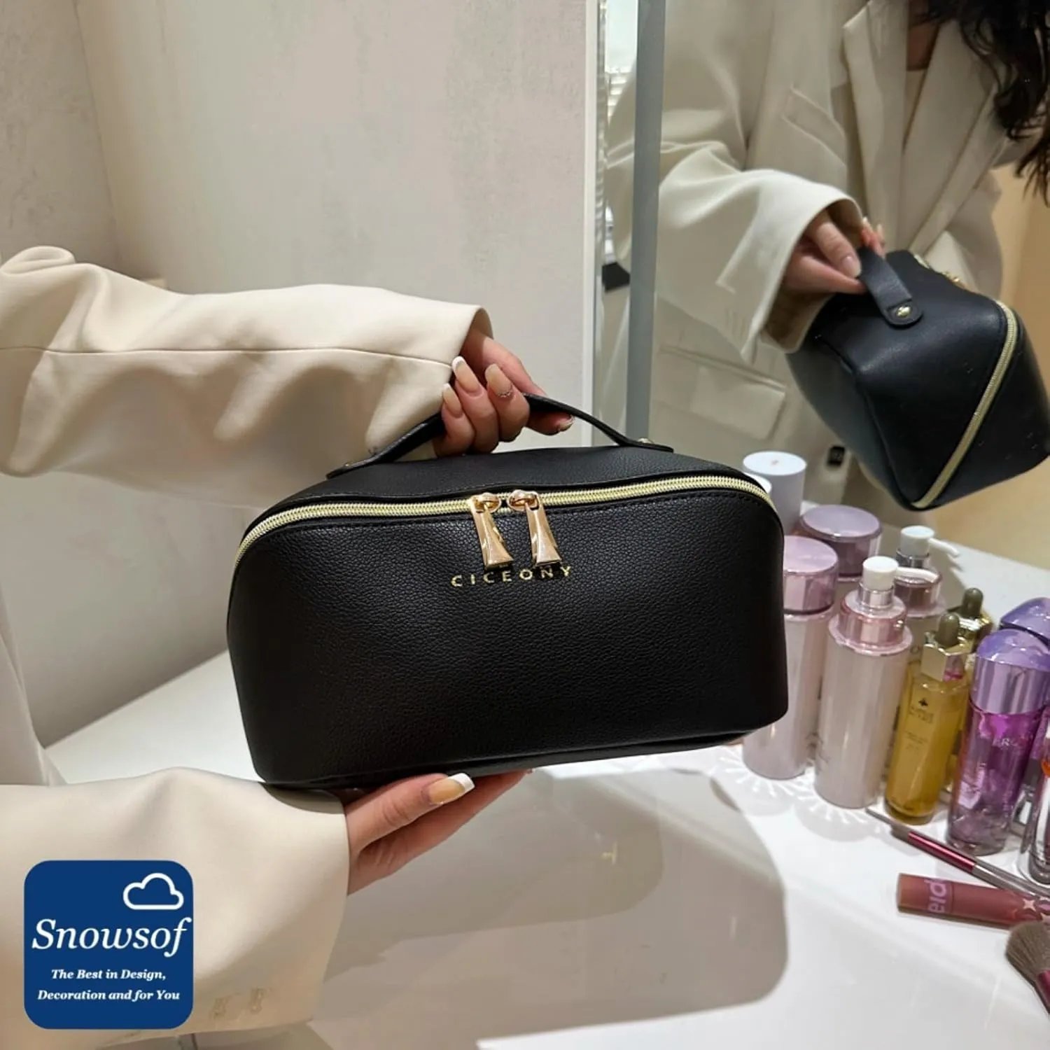 Toiletry Travel Bags  Large Capacity Makeup Organizer for Women, Waterproof Travel Size Toiletries Case with Organized Compartments, Foldable Travel Bag, Ideal for Makeup & Skincare (Black)