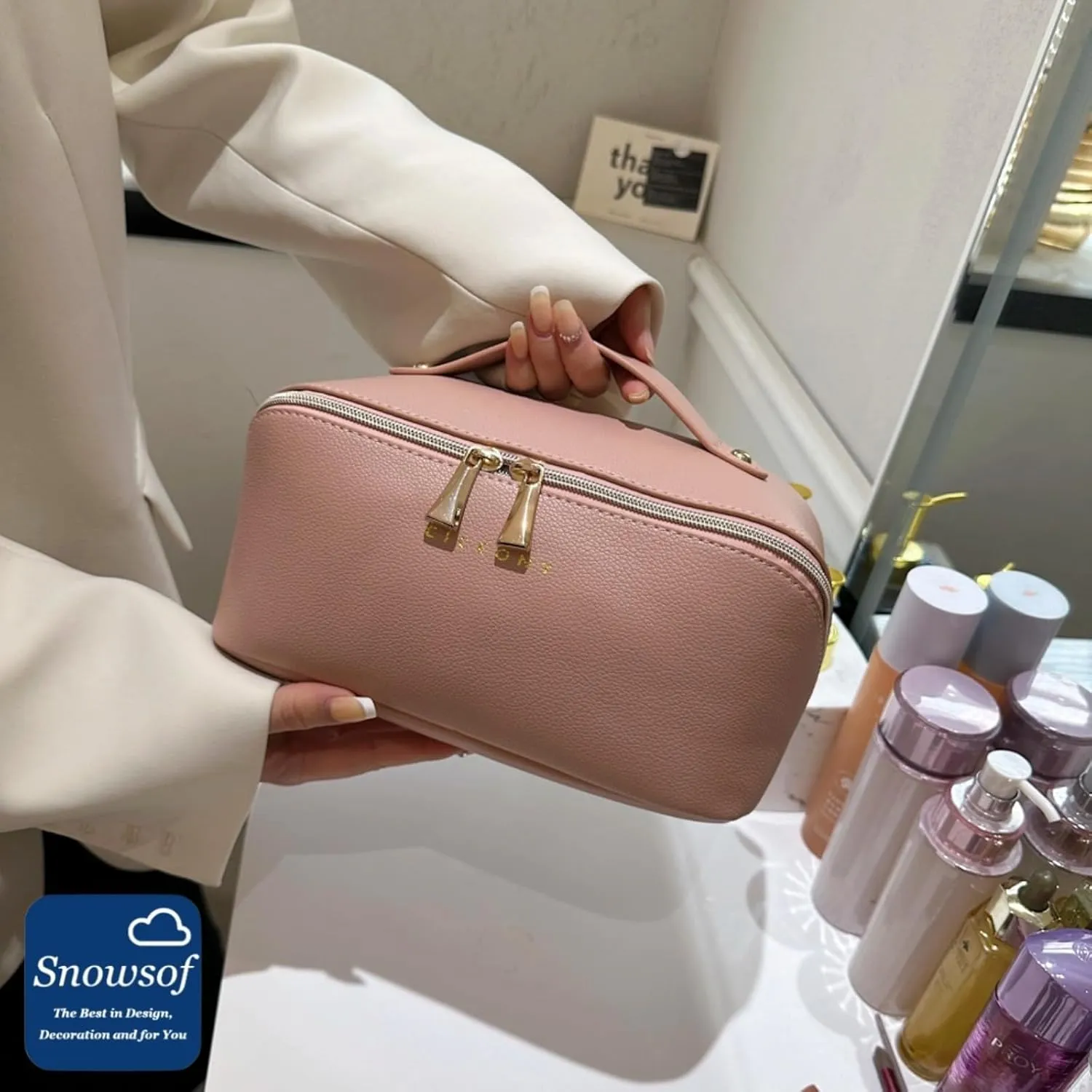 Toiletry Travel Bags  Large Capacity Makeup Organizer for Women, Waterproof Travel Size Toiletries Case with Organized Compartments, Foldable Travel Bag, Ideal for Makeup & Skincare (Pink)