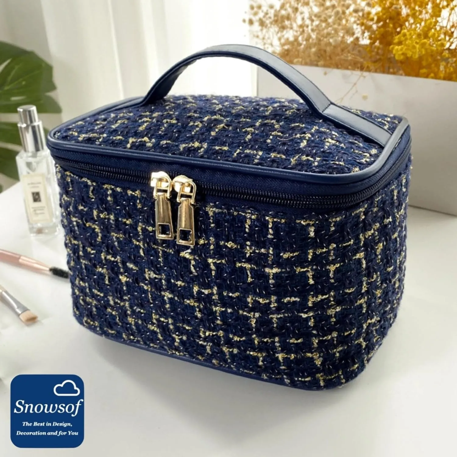 Travel Toiletry Bag - Portable Makeup Organizer, Makeup Bag for Women, Cosmetic Holder for Brushes Set, Full-Sized Shampoo, Conditioner, Accessories (Dark Blue)