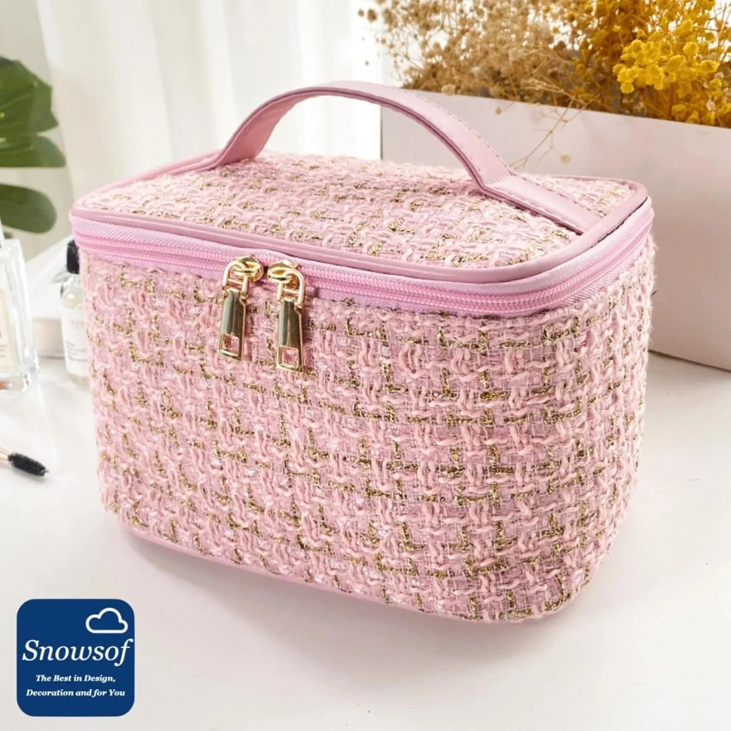 Travel Toiletry Bag - Portable Makeup Organizer, Makeup Bag for Women, Cosmetic Holder for Brushes Set, Full-Sized Shampoo, Conditioner, Accessories (Pink)