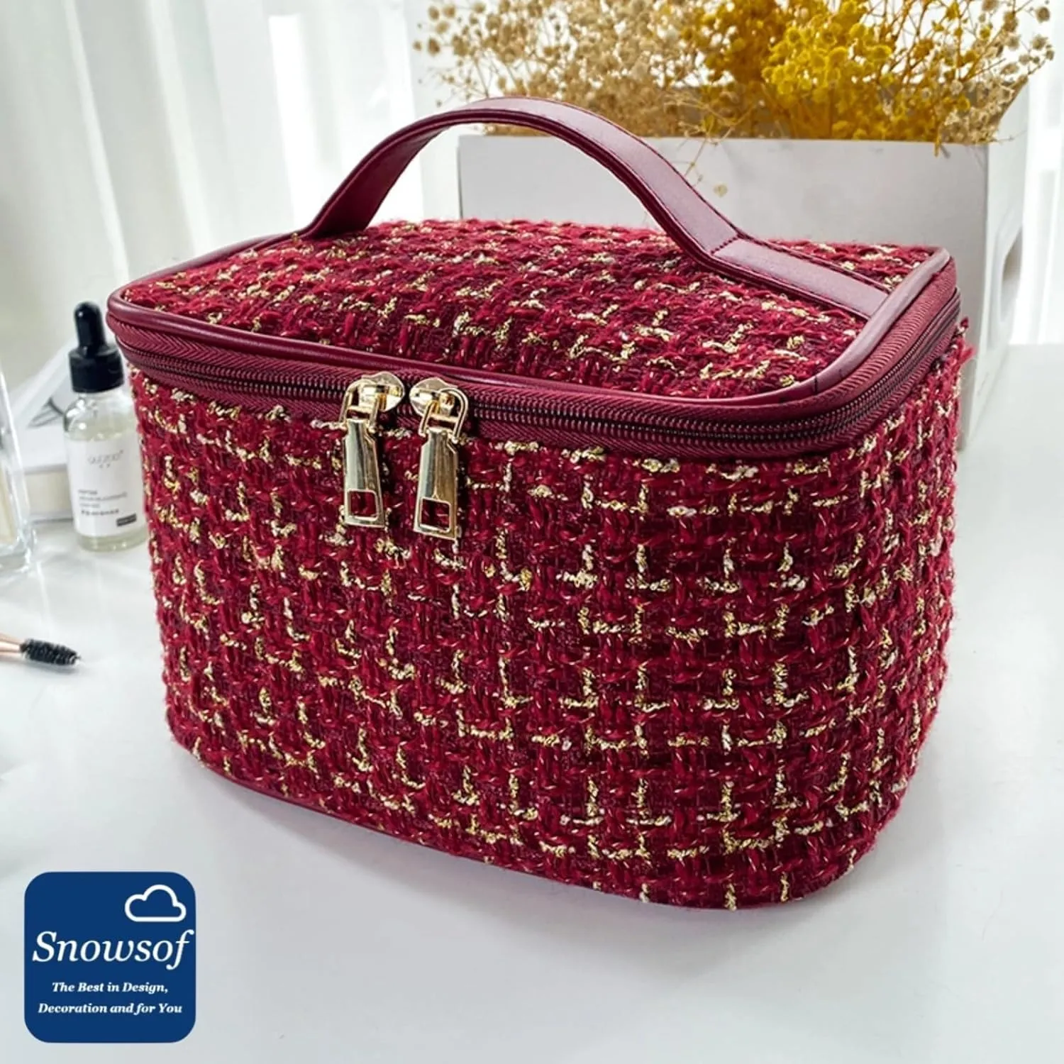 Travel Toiletry Bag - Portable Makeup Organizer, Makeup Bag for Women, Cosmetic Holder for Brushes Set, Full-Sized Shampoo, Conditioner, Accessories (Red)