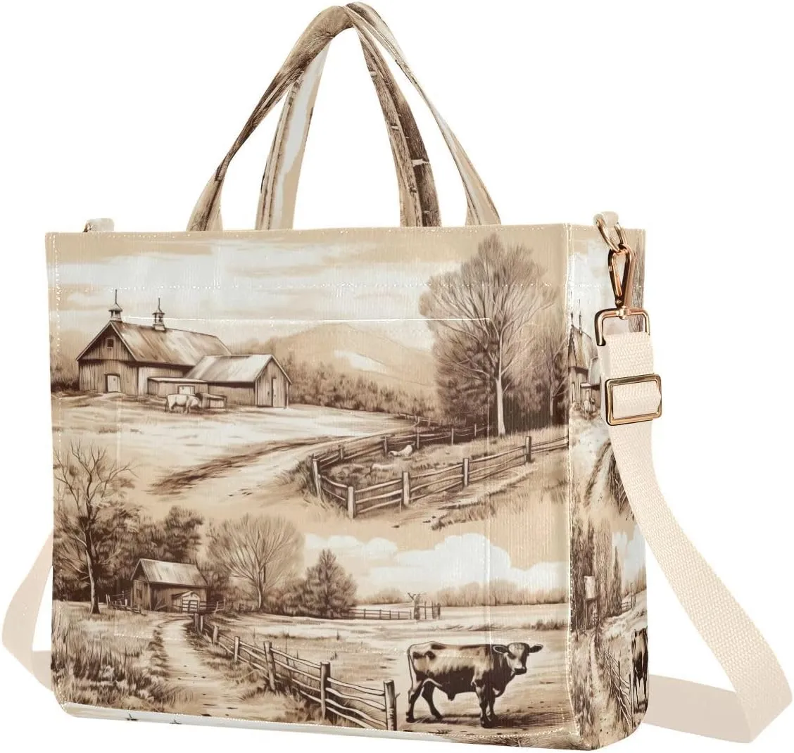 Village Farmhouse Corduroy Tote Bag for Women Hobo Crossbody Bag Purse Stylish Shoulder Handbag Messenger Bags, S