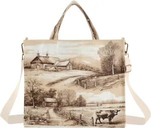 Village Farmhouse Corduroy Tote Bag for Women Hobo Crossbody Bag Purse Stylish Shoulder Handbag Messenger Bags, S