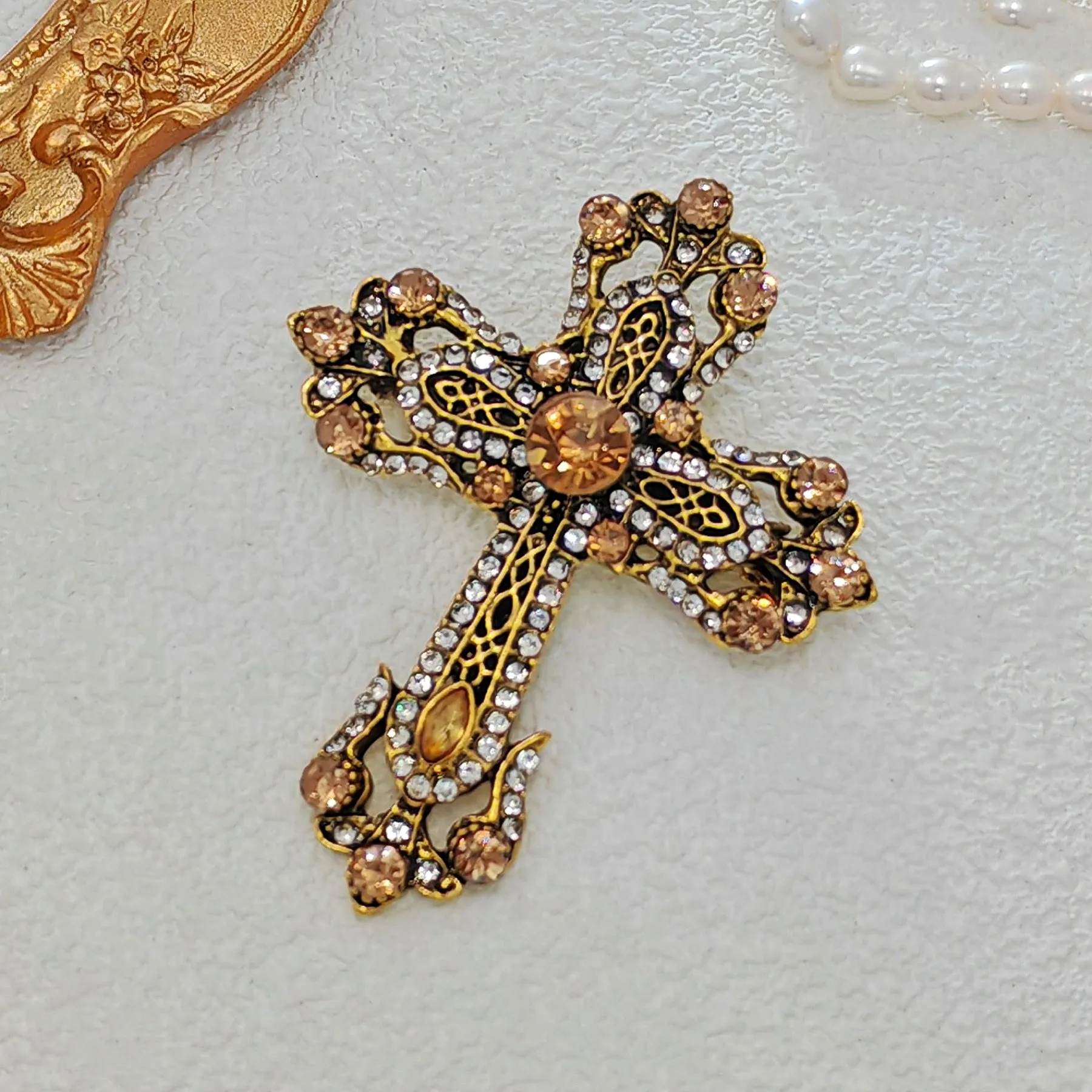Vintage Gold Filigree Clear and Champagne Cross Brooch Pin Church Jewelry