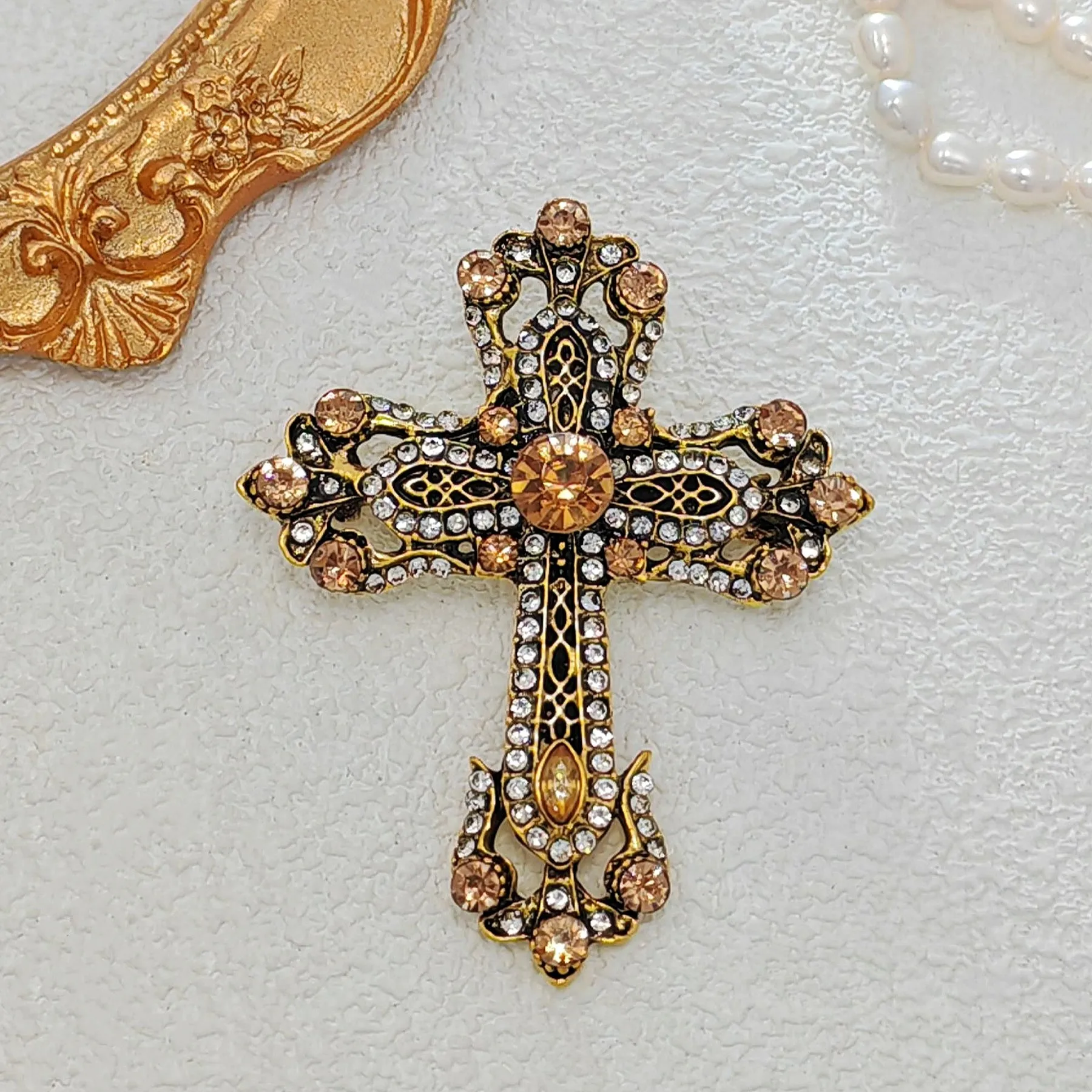 Vintage Gold Filigree Clear and Champagne Cross Brooch Pin Church Jewelry