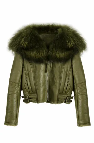Winter warm big fur collar leather jacket