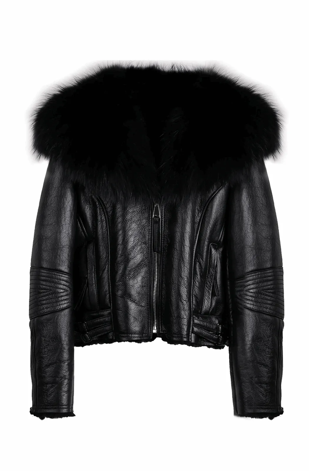 Winter warm big fur collar leather jacket