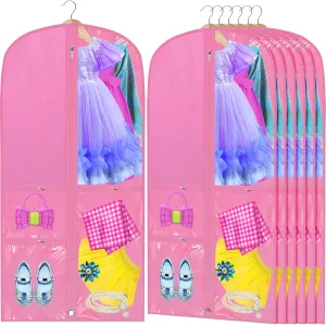 Woanger 6 Pcs Garment Bags for Dance Costumes Clear PVC with Zippers Garment Bag with Pockets Dance Costume Organizer Carrier for Storage Cover for Adult(Pink,20'' X 40'')