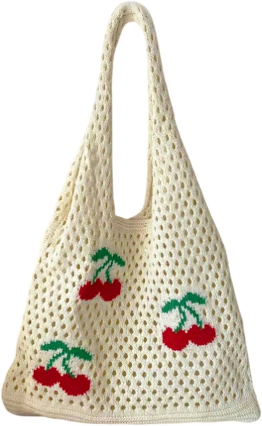 Women Crochet Tote Bag Stylish Shoulder Purse Hobo Beach Bag Lightweight Polyester Spacious Capacity