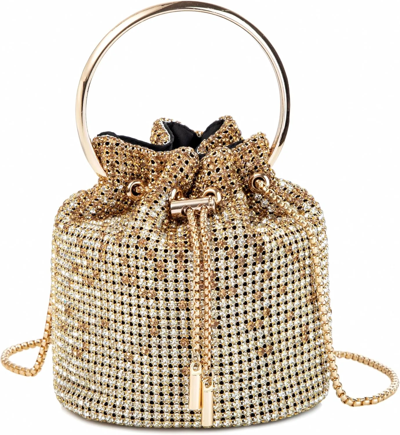 Women Rhinestone Bucket Bag Ring Handle Sparkling Evening Clutch with Detachable Strap for Wedding Party