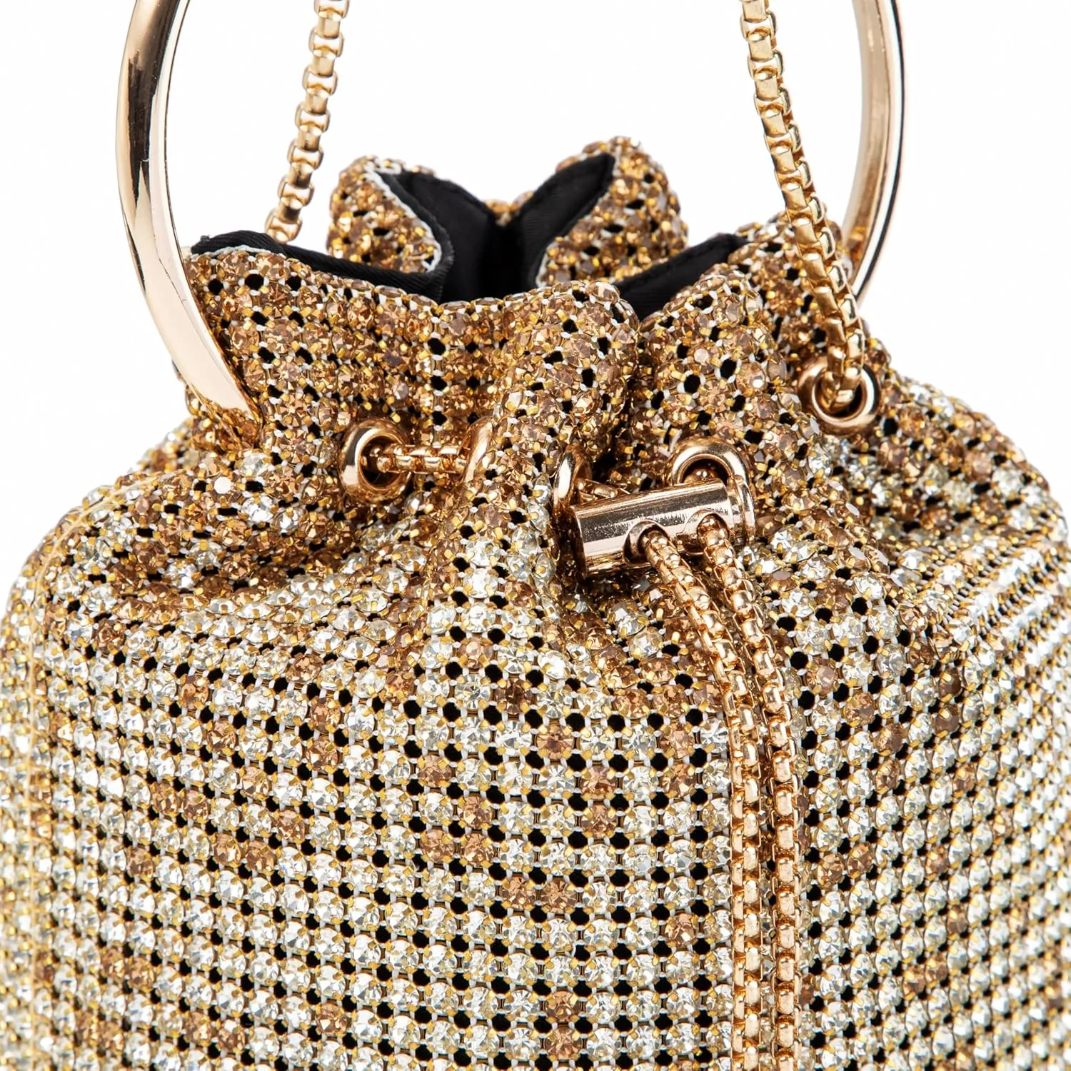 Women Rhinestone Bucket Bag Ring Handle Sparkling Evening Clutch with Detachable Strap for Wedding Party