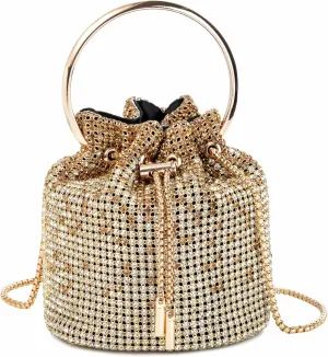 Women Rhinestone Bucket Bag Ring Handle Sparkling Evening Clutch with Detachable Strap for Wedding Party