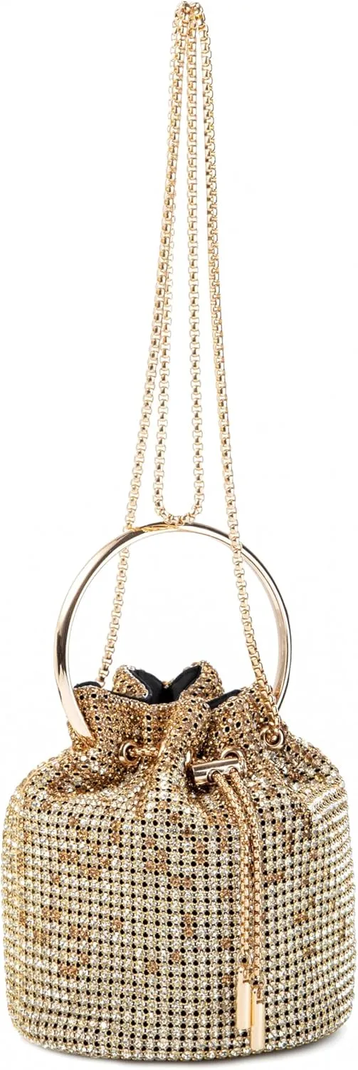 Women Rhinestone Bucket Bag Ring Handle Sparkling Evening Clutch with Detachable Strap for Wedding Party