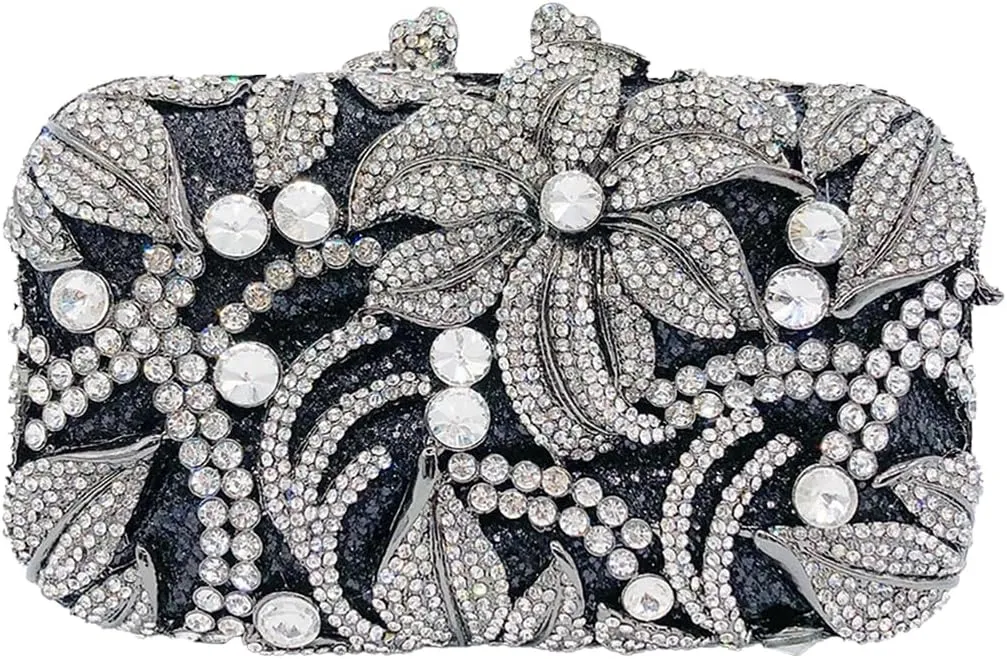 Women Rhinestones Flower Clutch Purse Stylish Crystal Evening Bag Elegant Handbag for Dance Gathering Dinner Evening