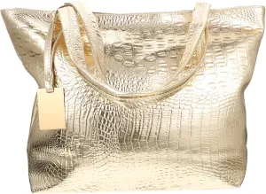Womens Large Capacity PU Leather Tote Bag Fashion Designer Satchel Shoulder Bags Bucket Purse, Golden, 40x10x30cm