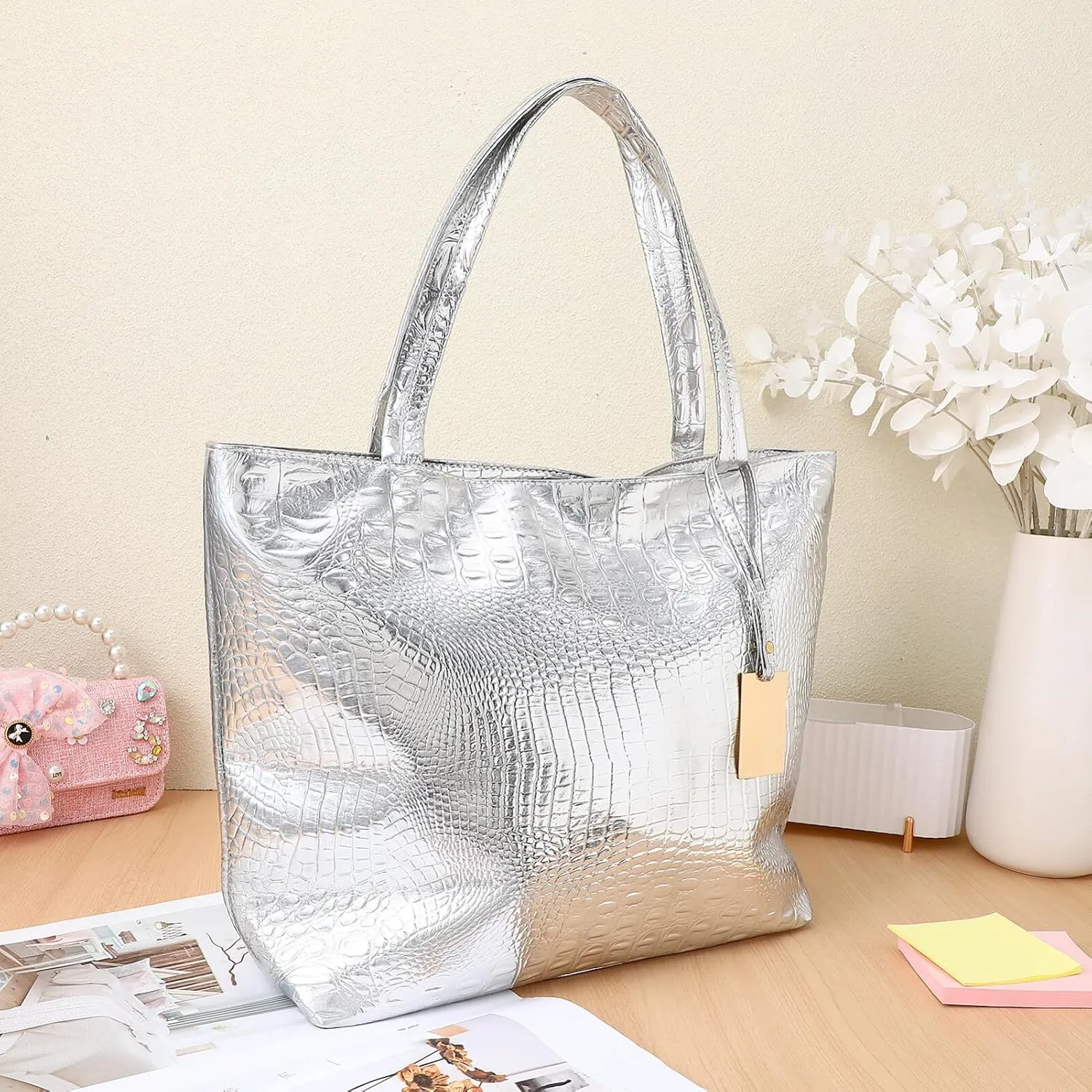 Womens Large Capacity PU Leather Tote Bag Fashion Designer Satchel Shoulder Bags Bucket Purse, Golden, 40x10x30cm