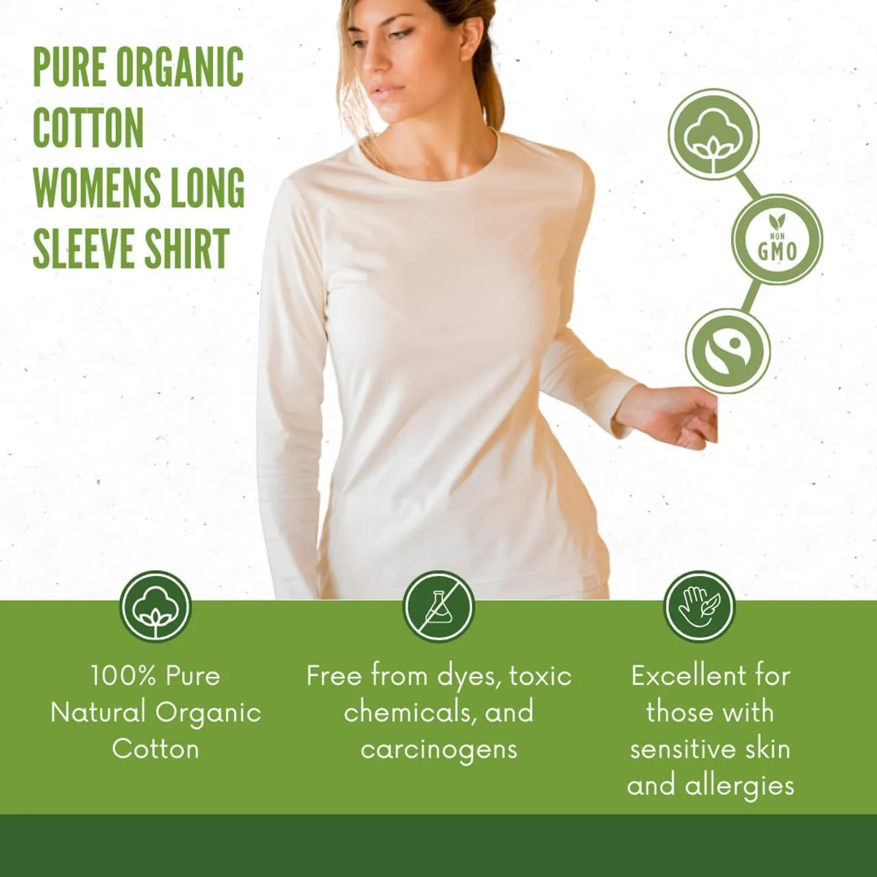 Womens Long Sleeve 100% Organic Cotton Chemical-Free White Breathable Hypoallegenic Eco-Friendly