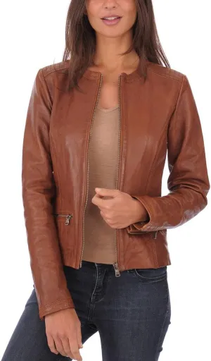 Womens Moto Browny Lambskin Genuine Leather Jacket, Biker Jacket