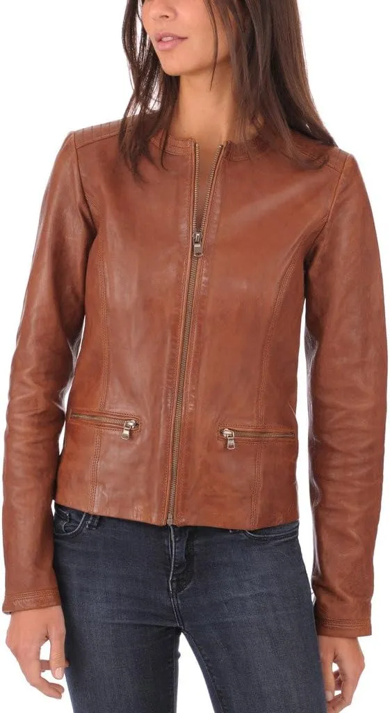 Womens Moto Browny Lambskin Genuine Leather Jacket, Biker Jacket