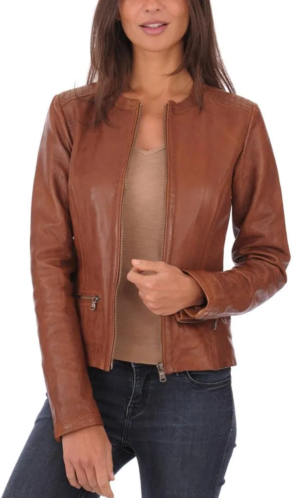 Womens Moto Browny Lambskin Genuine Leather Jacket, Biker Jacket