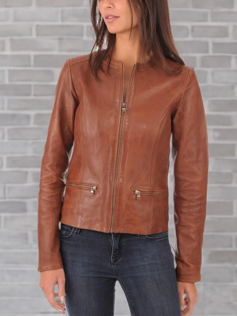 Womens Moto Browny Lambskin Genuine Leather Jacket, Biker Jacket