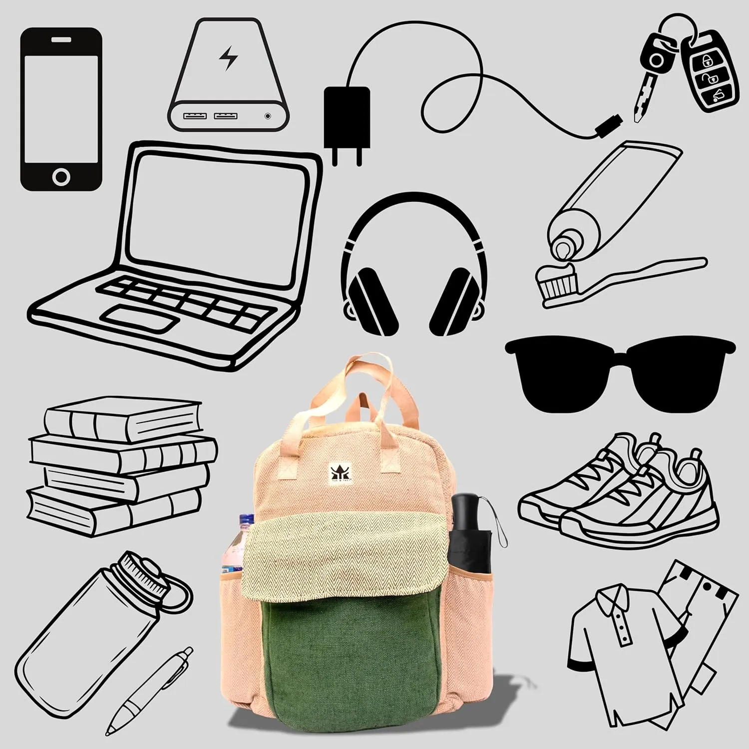 YAK & YETI Handcrafted Hemp Backpack from Nepal  Eco-Friendly, Durable, and Stylish with Adjustable Straps-Multi Pocket (Eco)