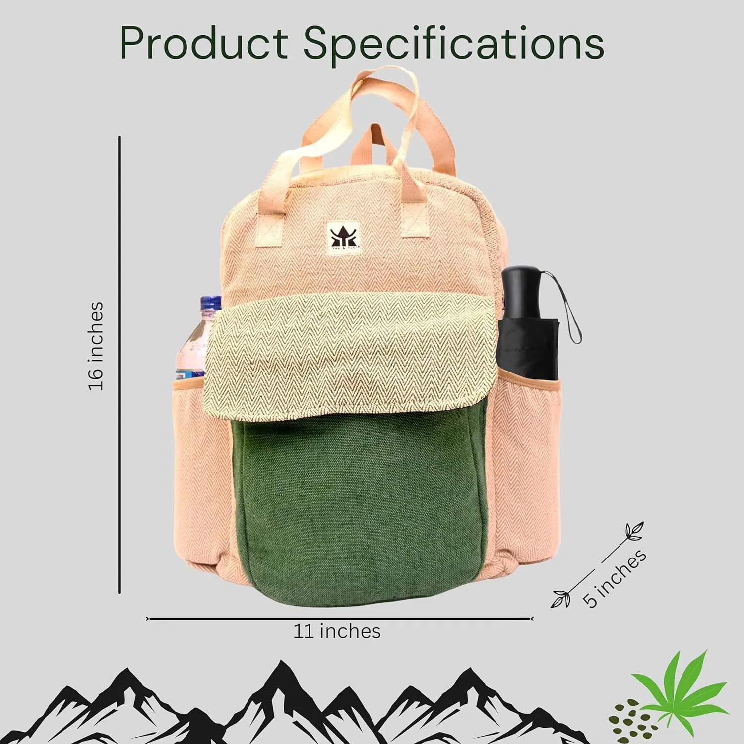 YAK & YETI Handcrafted Hemp Backpack from Nepal  Eco-Friendly, Durable, and Stylish with Adjustable Straps-Multi Pocket (Eco)
