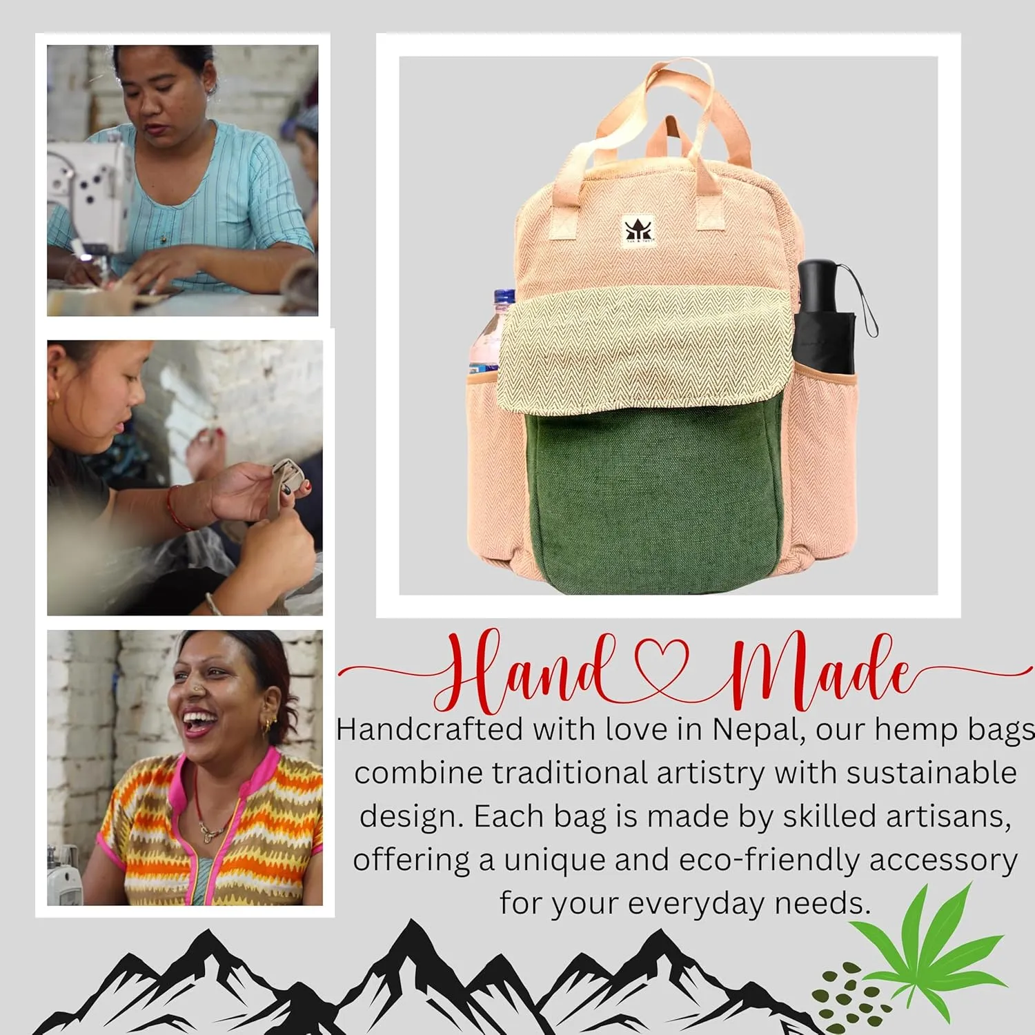 YAK & YETI Handcrafted Hemp Backpack from Nepal  Eco-Friendly, Durable, and Stylish with Adjustable Straps-Multi Pocket (Eco)