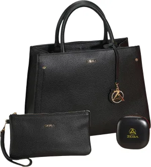 ZEBA Leather Tote Bag for Women with Mini Clutch, Makeup Mirror, Detachable Strap & Battery Pack - Stylish Purses for Women