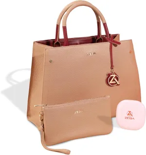 ZEBA Leather Tote Bag for Women with Mini Clutch, Makeup Mirror, Detachable Strap & Battery Pack - Stylish Purses for Women